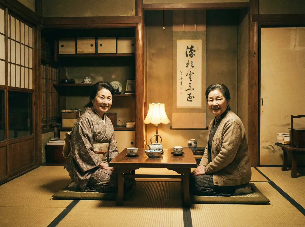 两位优雅的 玩偶姐姐 在日式茶室中品茶交谈